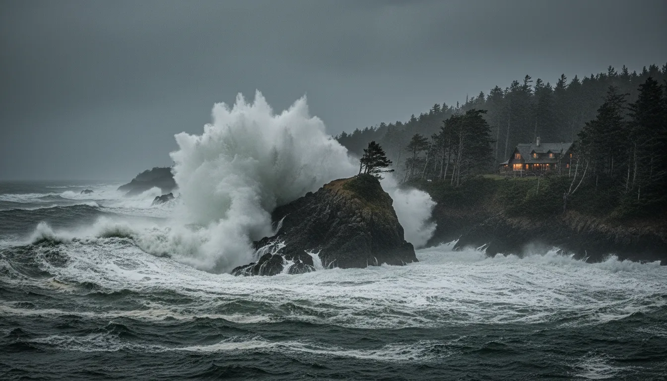Enormous grey swell exploding against a rocky headland under torn low cloud, spray flying over wind-bent trees, a west coast winter storm, illustrative render in the series style