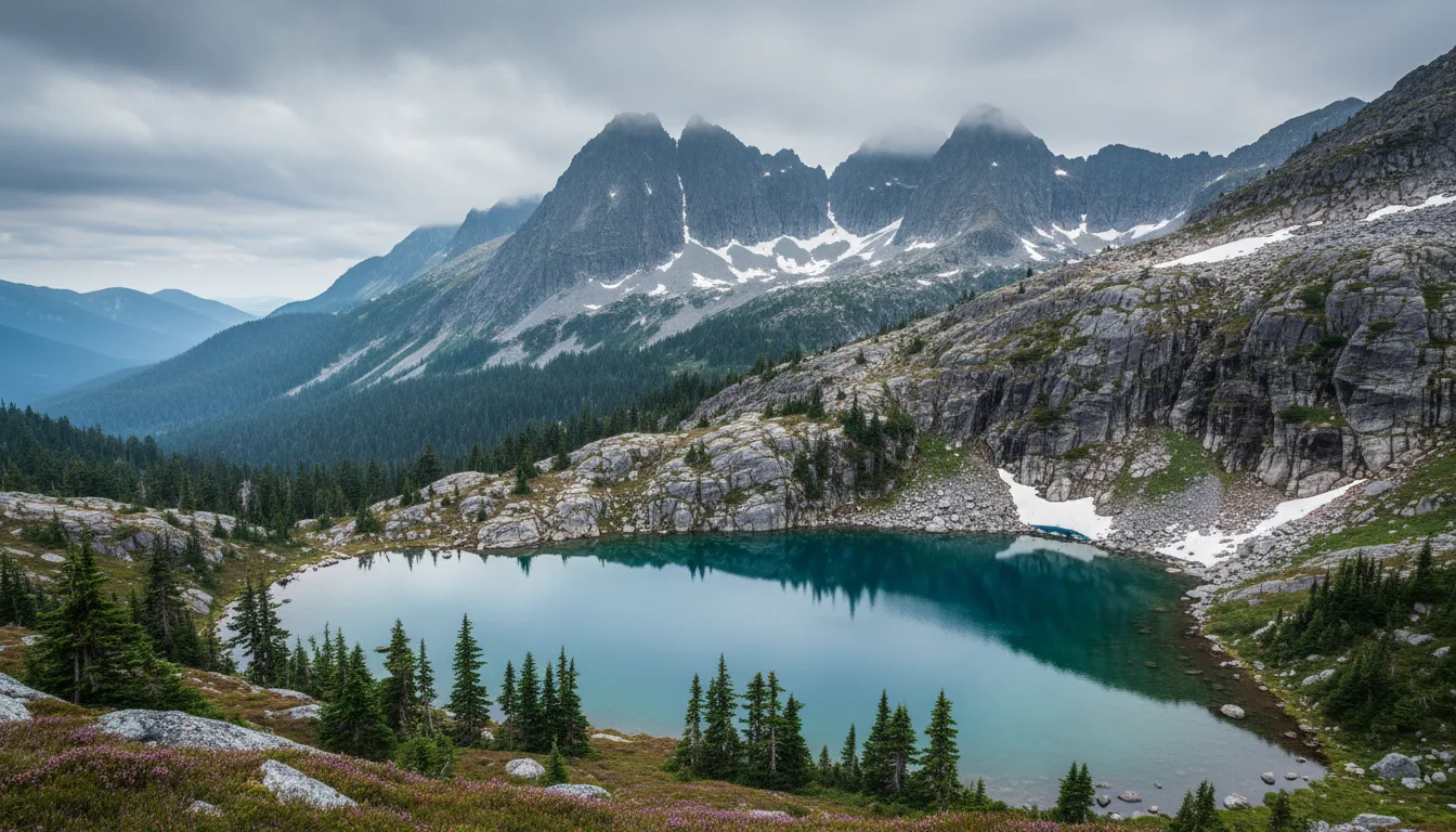 A long steel-blue mountain lake below snow-streaked peaks with old-growth Douglas fir on the shoreline, Buttle Lake in Strathcona Provincial Park, illustrative render in the series style