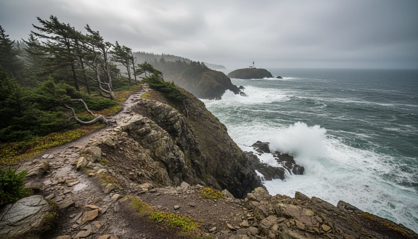 A boardwalk and gravel path threading wind-sculpted shore pine along a rocky headland above breaking surf, the Wild Pacific Trail at Ucluelet, illustrative render in the series style