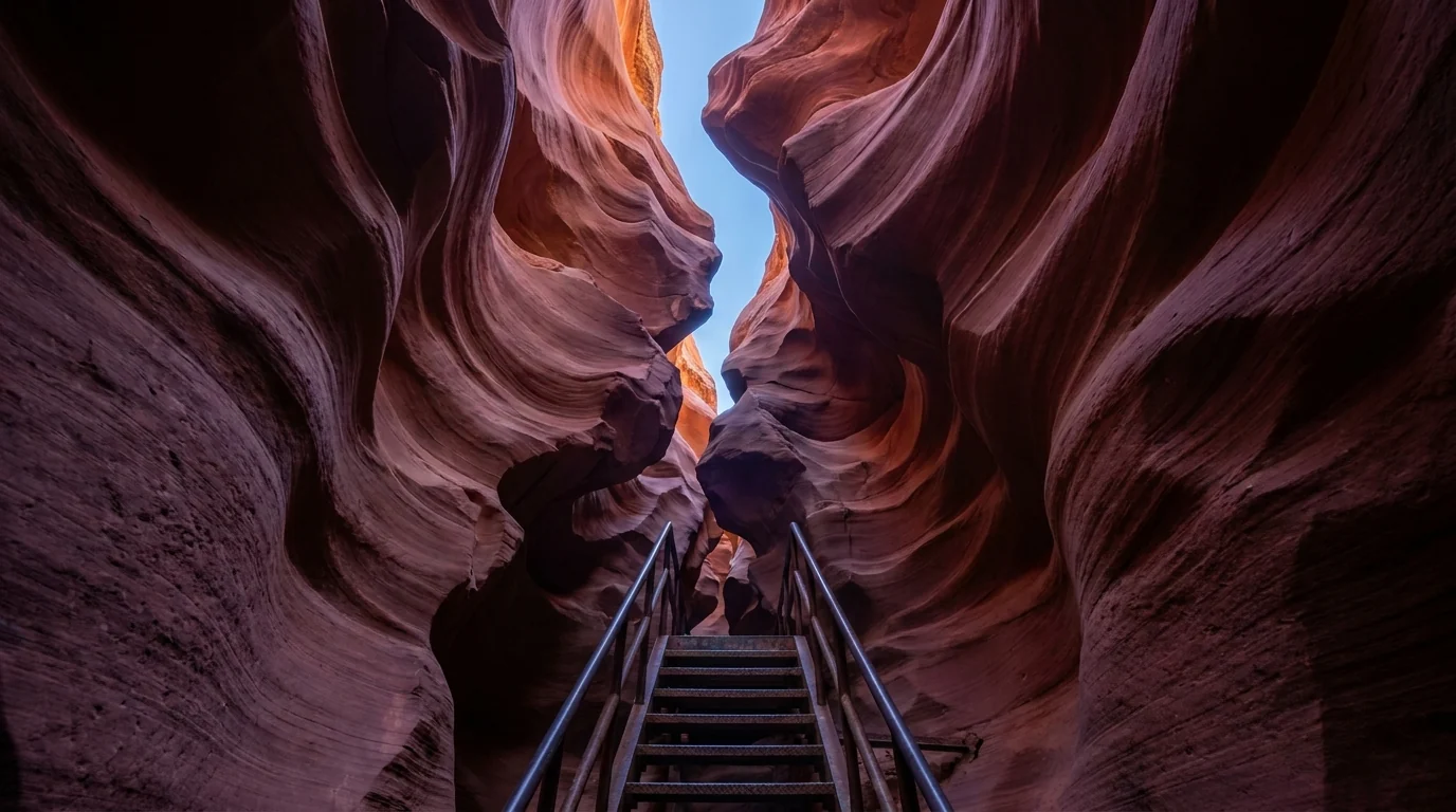 Looking up inside a deep narrow slot canyon with sculpted wavy red-orange sandstone walls twisting toward a thin ribbon of blue sky, a steep metal stairway descending into shadow, Lower Antelope Canyon Page Arizona, ultrarealistic photograph representative of the region