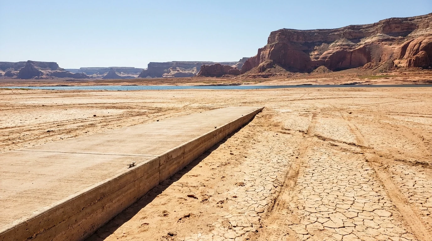 A long concrete boat launch ramp ending far short of a receded reservoir shoreline, wide expanse of cracked mud and sand between the ramp and the distant blue water, red sandstone cliffs beyond, low water at Lake Powell Arizona, ultrarealistic photograph representative of the region