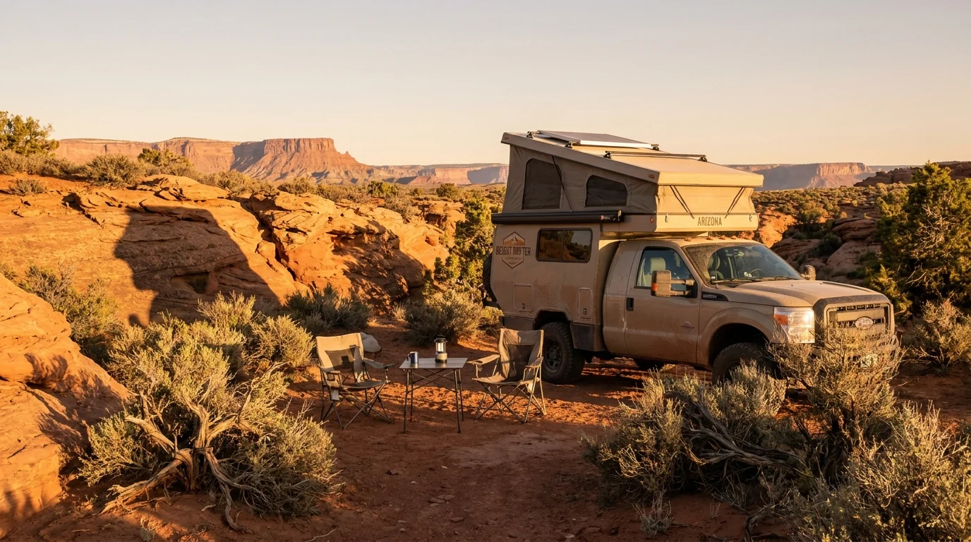 An overland camper rig with a rooftop tent at a quiet desert campsite among red sandstone and sparse brush, camp chairs set out, warm low sunlight raking across the rock, high desert near Page Arizona, ultrarealistic photograph representative of the region