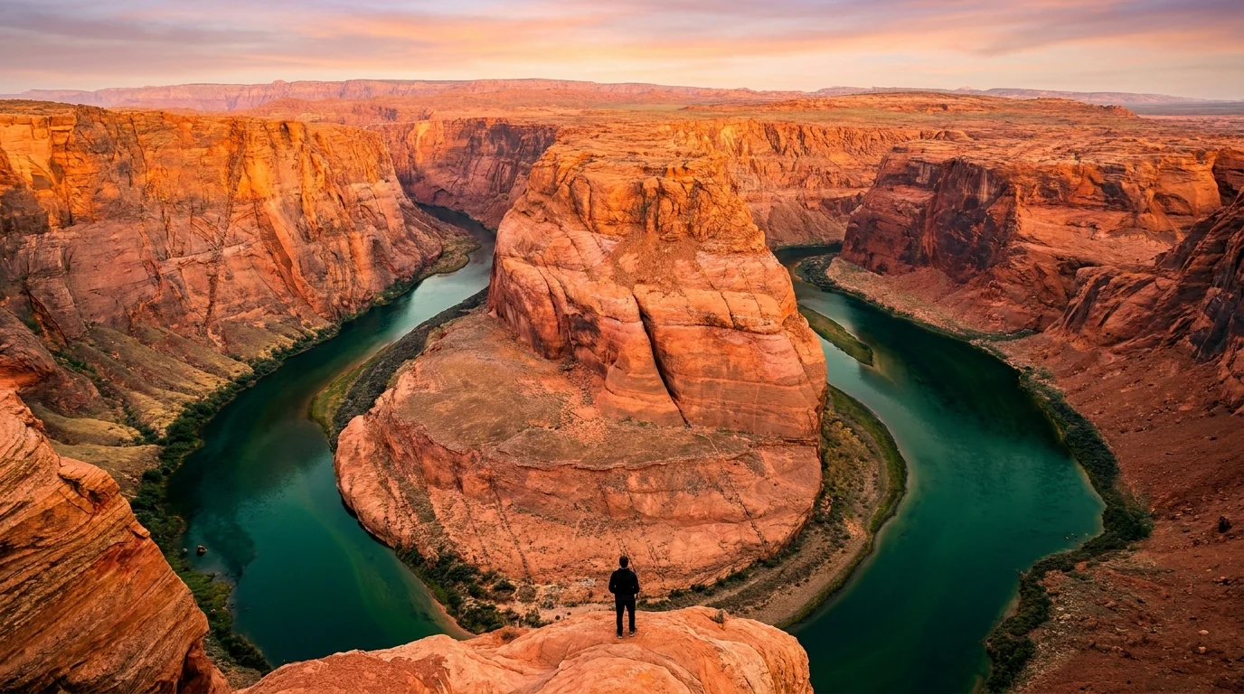 Aerial view at sunrise of the Colorado River curving in a deep 270-degree horseshoe bend through orange sandstone cliffs with emerald-green water far below, Horseshoe Bend near Page Arizona, ultrarealistic photograph representative of the region