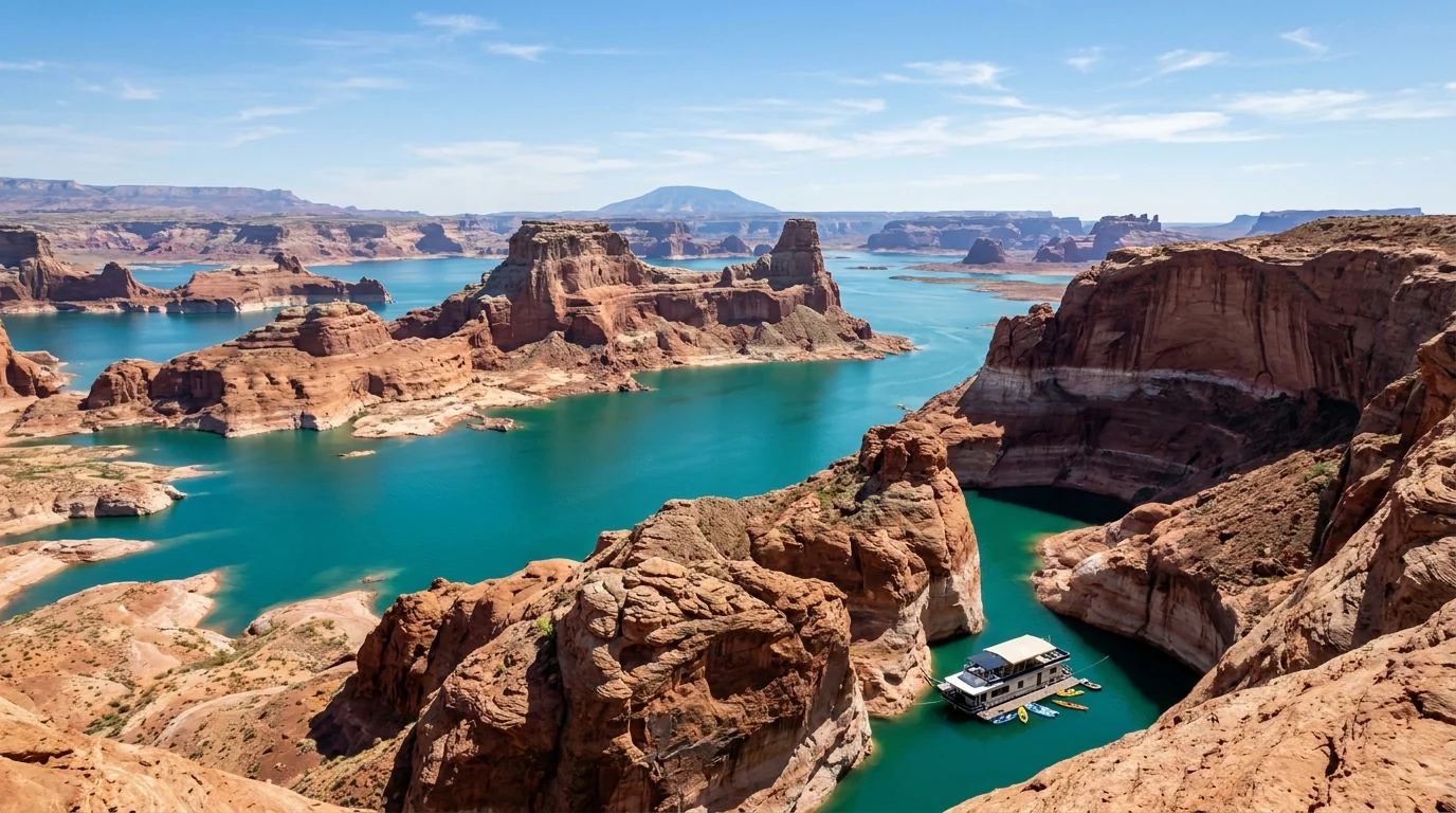 A turquoise reservoir winding between towering red-rock buttes under a big blue sky, with a pale white mineral bathtub ring high on the canyon walls showing dropped water levels, Lake Powell Glen Canyon Arizona, ultrarealistic photograph representative of the region