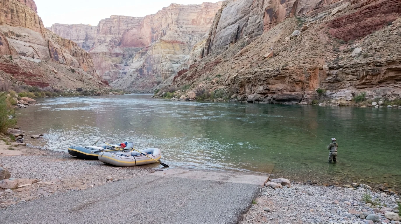 A calm stretch of the cold green Colorado River between soaring buff and red canyon walls, a boat ramp and rafts on a gravel bank in the foreground, an angler wading the clear water, Lees Ferry Marble Canyon Arizona, ultrarealistic photograph representative of the region