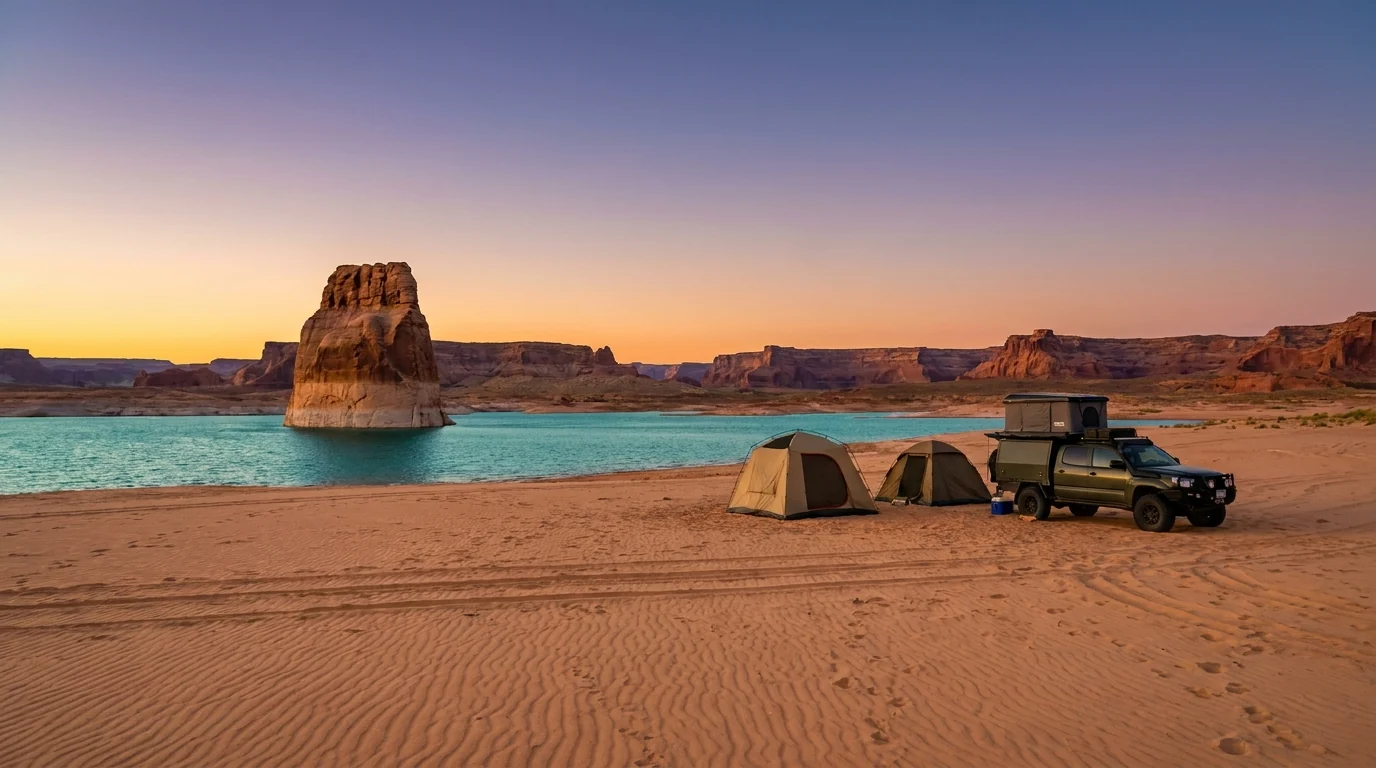 A broad sandy beach sloping to a turquoise bay with a tall isolated sandstone rock jutting from the water, a few tents and an overland vehicle parked on the sand under a warm evening sky, Lone Rock Beach Lake Powell Utah, ultrarealistic photograph representative of the region