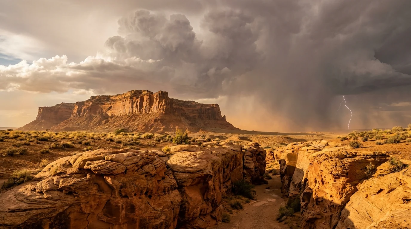 A dramatic summer monsoon thunderstorm building over red-rock desert mesas near a slot canyon, dark clouds and a distant curtain of rain and lightning, warm sunlit sandstone in the foreground, northern Arizona high desert, ultrarealistic photograph representative of the region