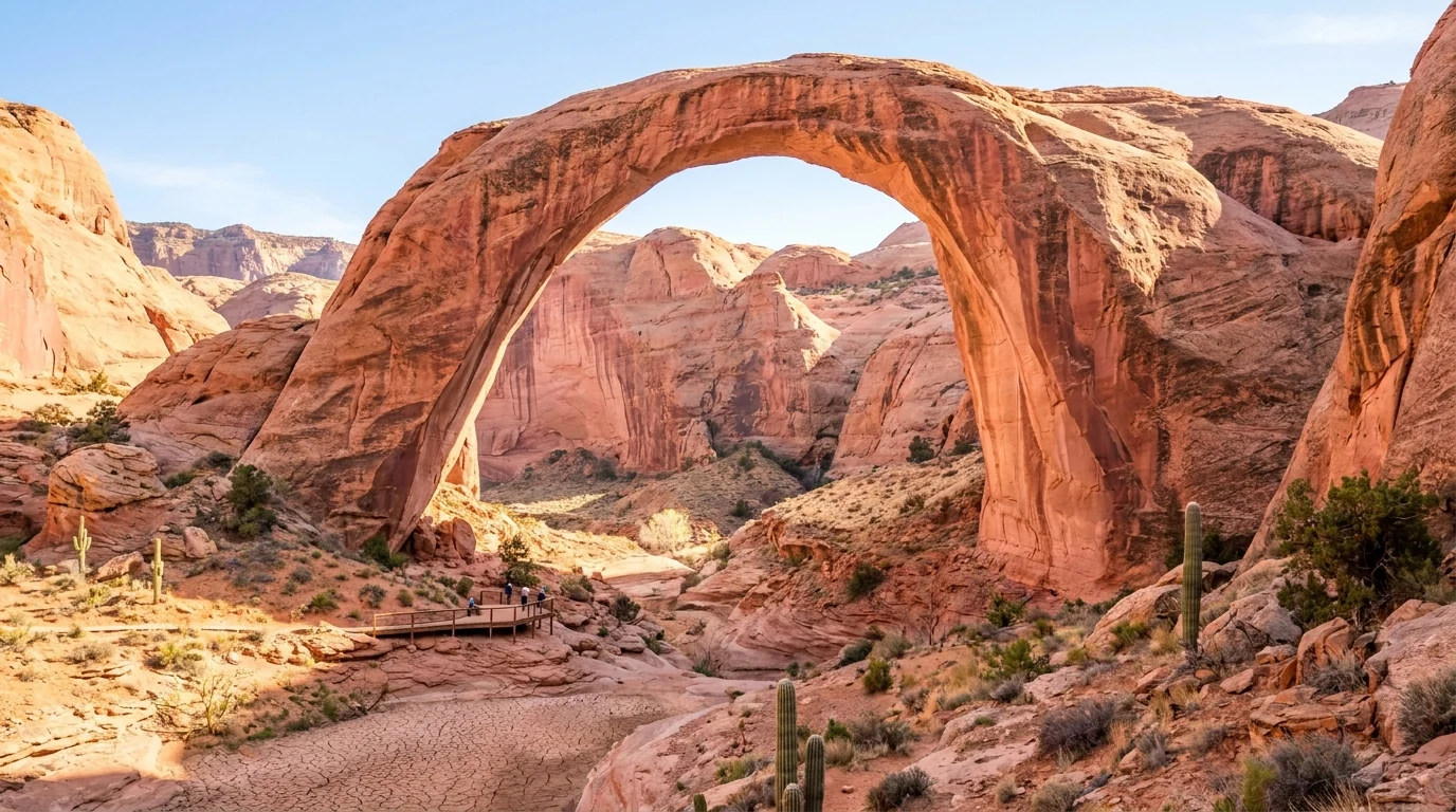 An enormous graceful natural sandstone arch spanning a desert side canyon, salmon and pink stone glowing in afternoon light with a small boardwalk viewing area far below for scale, Rainbow Bridge National Monument Utah, ultrarealistic photograph representative of the region