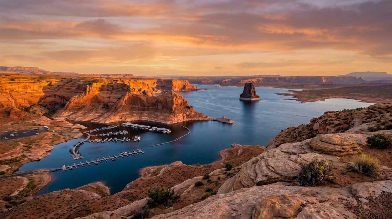 An elevated overlook at golden hour above a marina and the blue arms of a red-rock reservoir with a solitary dark sandstone monolith rising from the water in the distance, Wahweap Bay Lake Powell Arizona, ultrarealistic photograph representative of the region