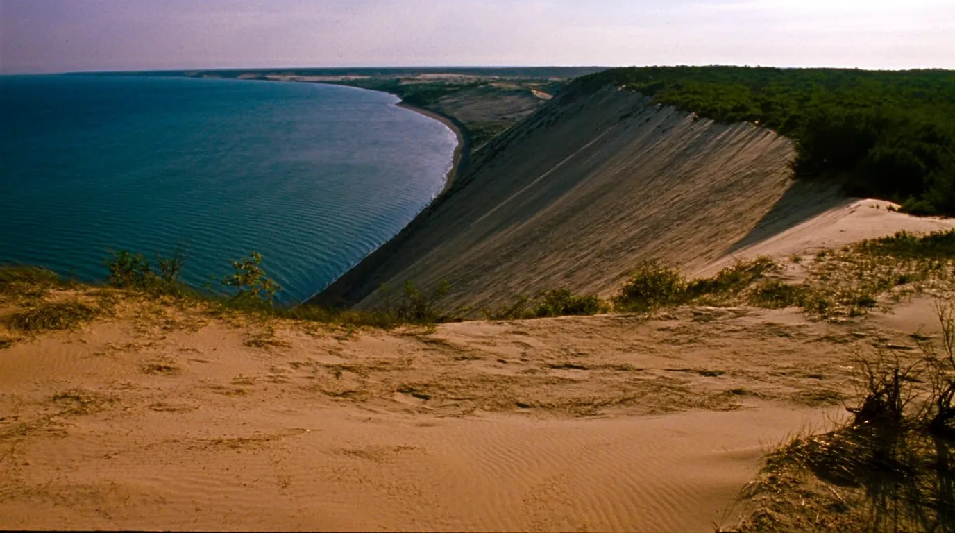 A high perched dune field of pale sand standing above the deep blue water of Lake Superior with sparse grass and a long empty shoreline below, Grand Sable Dunes Michigan, ultrarealistic photograph representative of the region