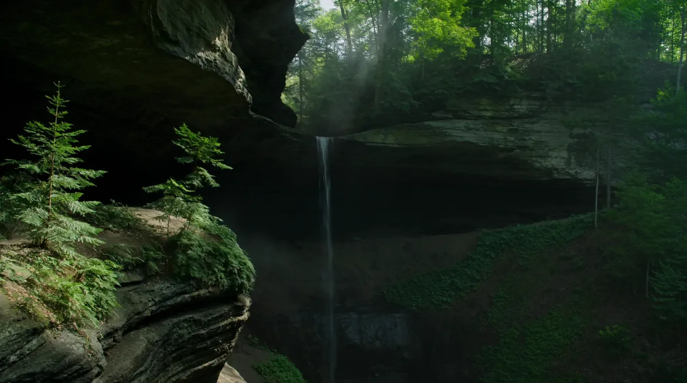 A slender waterfall dropping into a mossy green sandstone amphitheatre with damp rock walls and ferns, deep shade and filtered light, Munising Falls Michigan, ultrarealistic photograph representative of the region