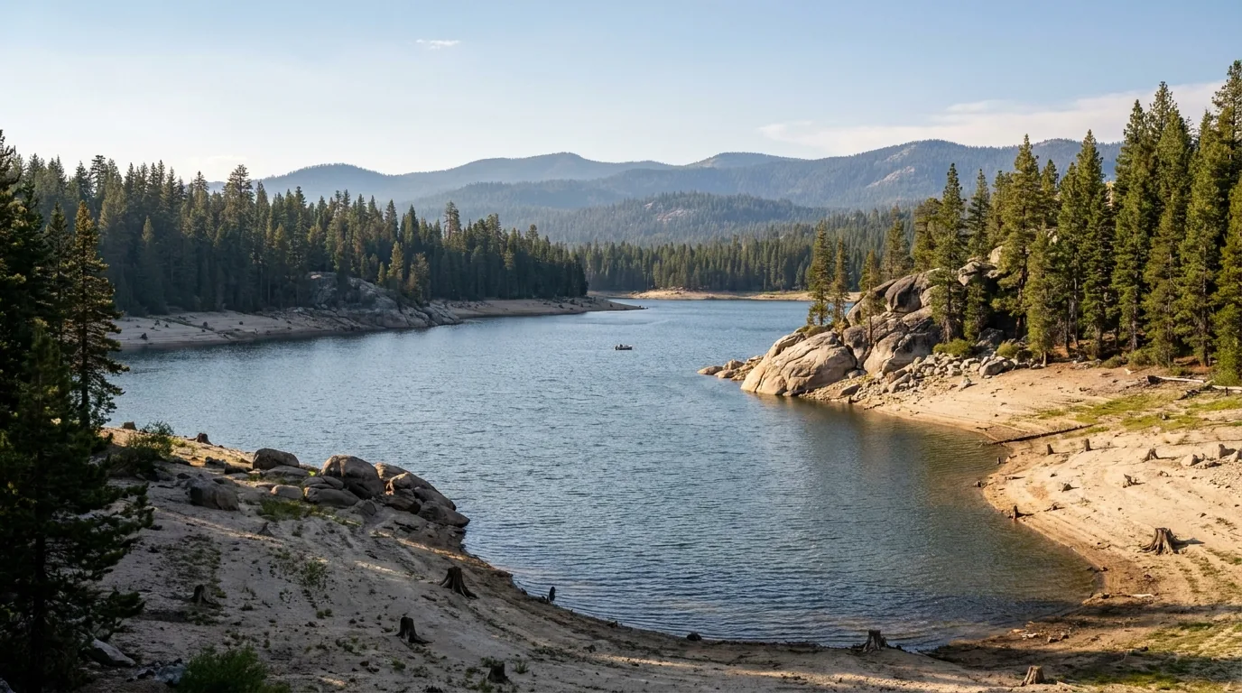 A mid-sized forest reservoir ringed by dense mixed conifer forest and low granite headlands with a broad drawdown band of pale rock along the shoreline, a small aluminium fishing boat far out on the water and forested wilderness ridges behind, late-summer afternoon with faint haze, Bucks Lake in the Plumas National Forest, California, ultrarealistic photograph representative of the region