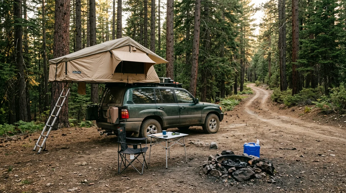 A single well-used bare-dirt pullout among tall ponderosa pine and incense cedar on a national forest road, a canvas rooftop tent on a dusty wagon, a folding chair, a camp table and an existing blackened rock fire ring with no fire lit, golden evening light through the trunks, dispersed camping in the Plumas National Forest, California, ultrarealistic photograph representative of the region