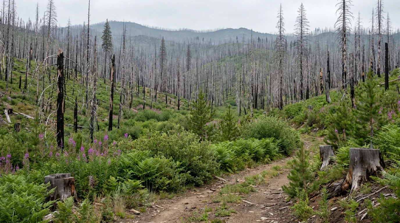 Hillsides of standing bare silver-grey dead conifer snags with blackened trunks stretching to the ridgeline, the ground beneath green with returning bracken fern, brush, fireweed and knee-high young pines, a few salvage-logged stumps and a dirt forest road, overcast flat daylight, a wildfire burn scar in the Plumas National Forest, California, ultrarealistic photograph representative of the region