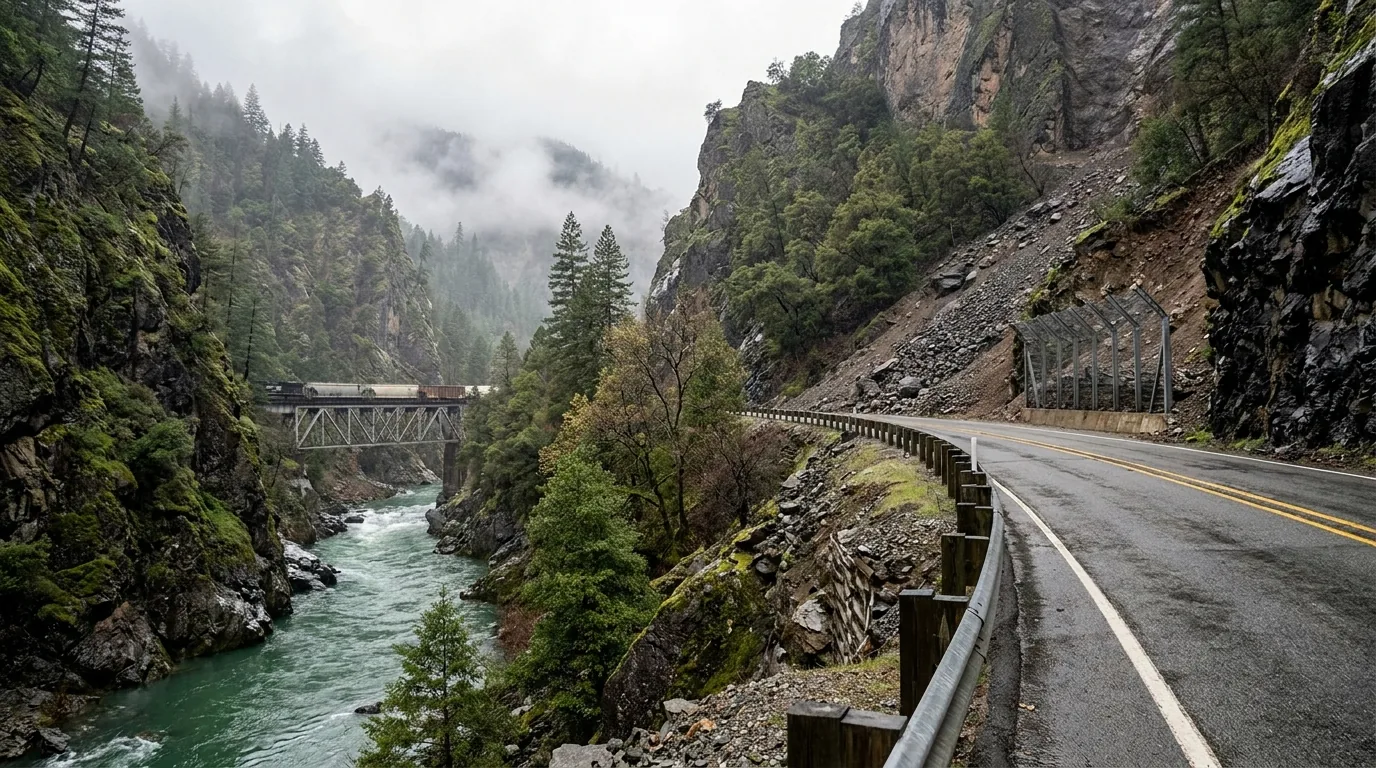 A narrow two-lane highway cut into a steep densely forested canyon wall above a green river, a railroad line on the opposite wall crossing a steel deck bridge, bare rock cliffs and rockfall scree above the road, guardrail and rock-catchment cut bank, overcast light, the Feather River Canyon on Highway 70, California, ultrarealistic photograph representative of the region