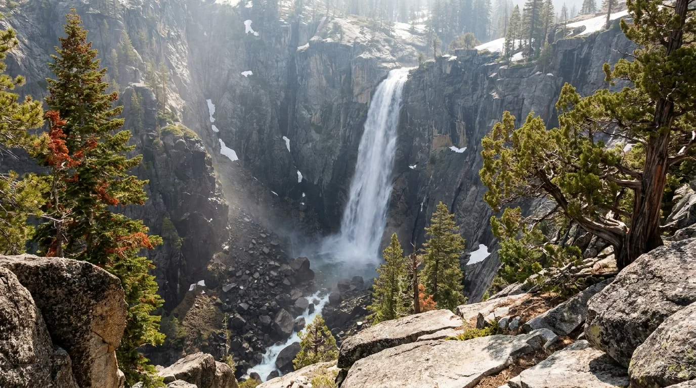A tall single-drop waterfall pouring off a dark granite cliff into a narrow rocky gorge framed by fir and juniper on broken granite slabs, seen from a rock overlook across the canyon, early summer snowmelt flow and spray, Frazier Falls in the Lakes Basin, California, ultrarealistic photograph representative of the region