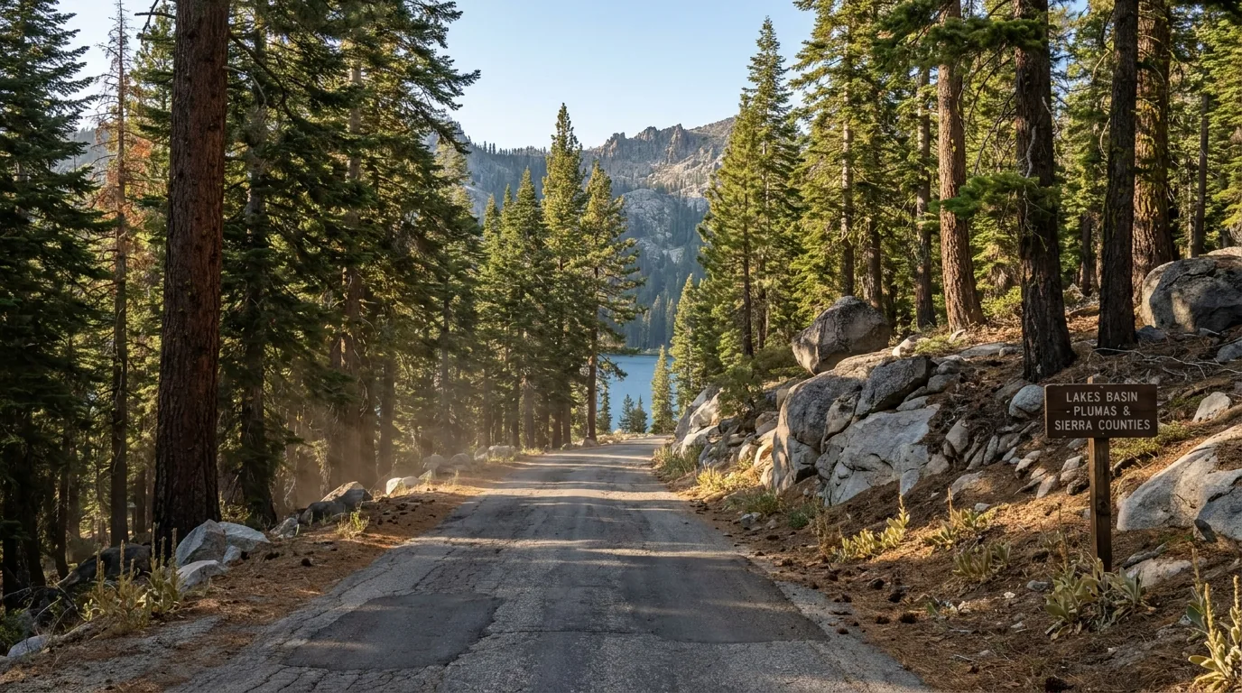 A narrow patched two-lane paved forest road curving through tall red fir and lodgepole pine with granite outcrops and mule-ears meadow at the shoulder, a glimpse of a blue alpine lake through the trees and a rocky ridgeline beyond, late afternoon summer light, the Gold Lake Highway in the Lakes Basin, California, ultrarealistic photograph representative of the region