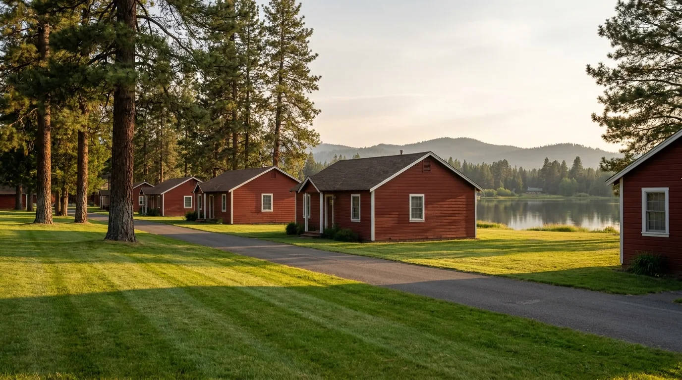 A row of small identical barn-red clapboard cottages with white trim, former lumber-company mill housing, along a quiet lane on a mown green with tall ponderosa pines, a millpond and low forested Sierra ridges beyond, early evening summer light, the village of Graeagle, California, ultrarealistic photograph representative of the region