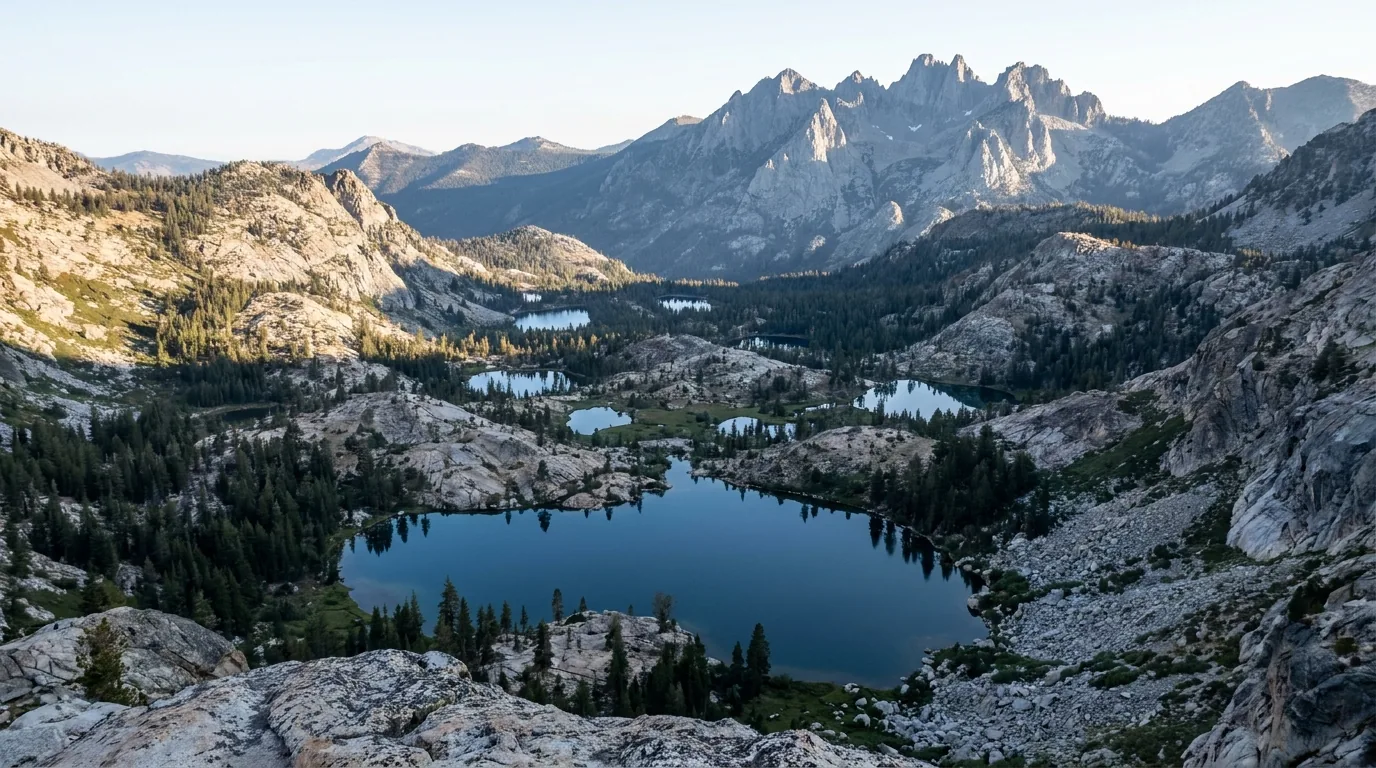 A high overlook across a shallow granite basin holding a scatter of small dark-blue alpine lakes among fir and pine forest, with a jagged serrated grey rock crest rising on the horizon, clear morning light, the Lakes Basin below the Sierra Buttes, California, ultrarealistic photograph representative of the region