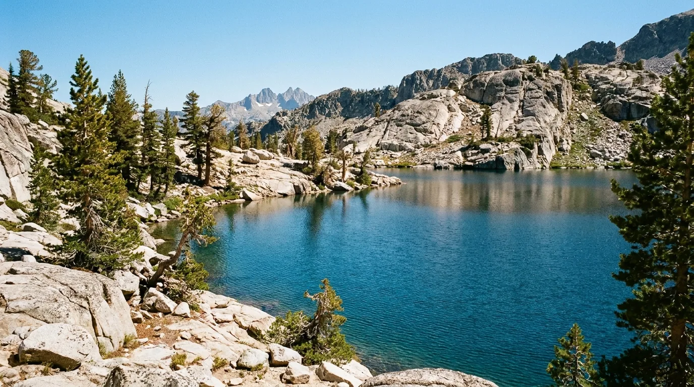 A clear dark-blue subalpine lake held in a shallow granite bowl with low glacier-polished rock slabs and boulders along the shore, wind-shaped lodgepole pines and fir, a rocky ridge behind, midday summer light, Long Lake in the Lakes Basin, California, ultrarealistic photograph representative of the region