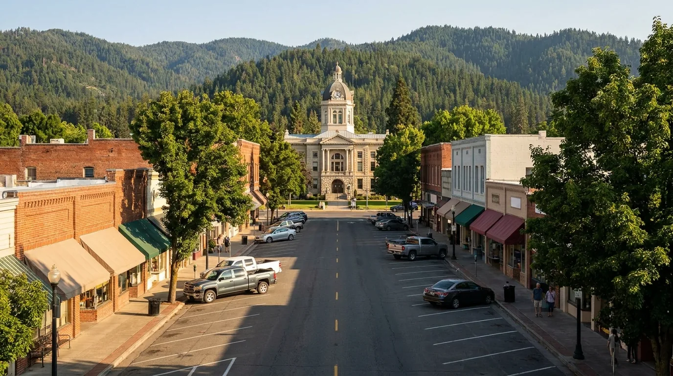 A small northern Sierra county-seat main street in a mountain valley with low brick and painted-wood storefronts, awnings and angled parking, mature street trees and a historic domed county courthouse of pale stone at the end of the street, forested ridges rising behind the town, warm late-afternoon summer light, Quincy California, ultrarealistic photograph representative of the region
