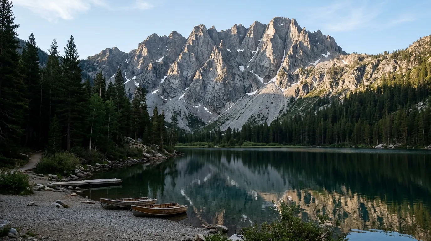 A small deep green-blue lake at the foot of an enormous serrated grey rock wall of shattered crags streaked with snow chutes, dark conifer forest ringing the shore, small wooden rowboats pulled up on gravel, morning light on the crag face, Lower Sardine Lake beneath the Sierra Buttes, California, ultrarealistic photograph representative of the region