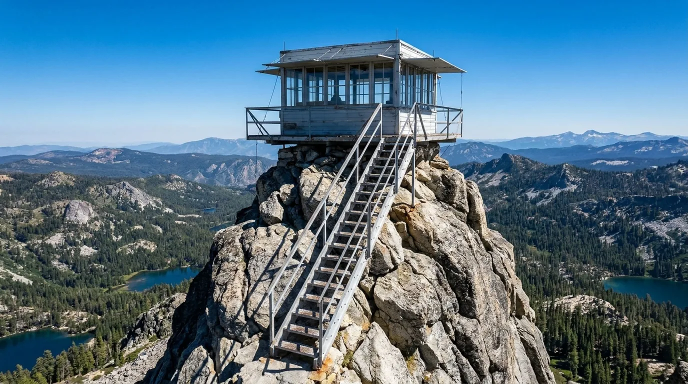 A small steel-and-glass fire lookout cabin perched on the tip of a narrow serrated rock summit with an open steel stairway of several flights riveted to the bare rock leading up to it, sheer drops on both sides, forested ridges and tiny blue lakes far below, bright high-altitude light, the Sierra Buttes lookout, California, ultrarealistic photograph representative of the region
