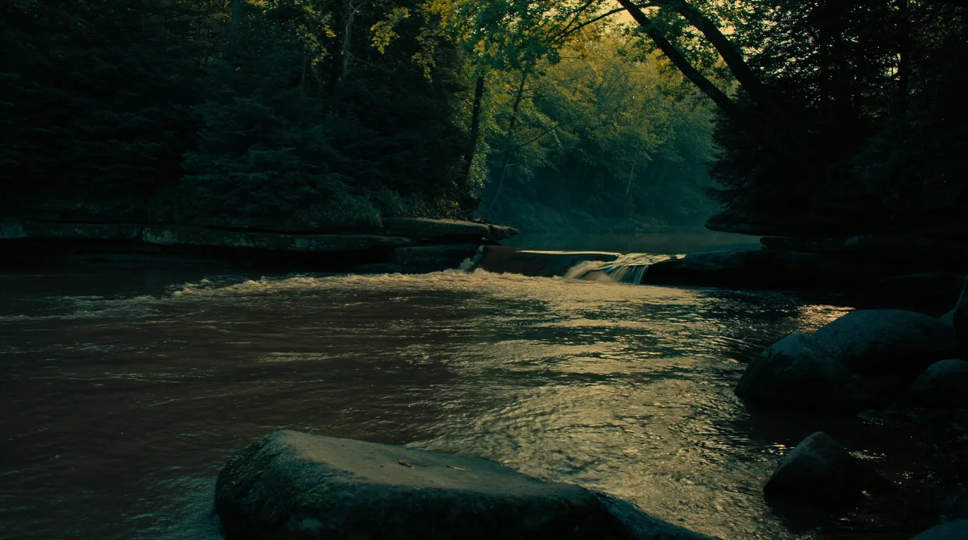 The Big Carp River running clear and tannin-brown through old-growth hemlock and maple, mossy boulders and fallen trunks along the banks, deep green shade, Porcupine Mountains Michigan, ultrarealistic photograph representative of the region
