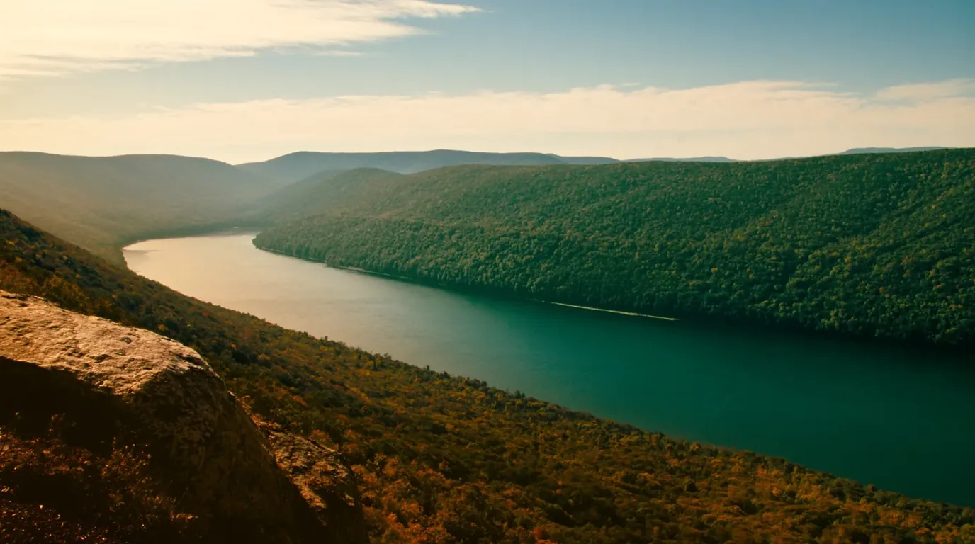 Lake of the Clouds seen from the escarpment ridge in the Porcupine Mountains, a long dark lake held in a forested valley with unbroken old-growth hardwood to the horizon under low cloud, Michigan Upper Peninsula, ultrarealistic photograph representative of the region