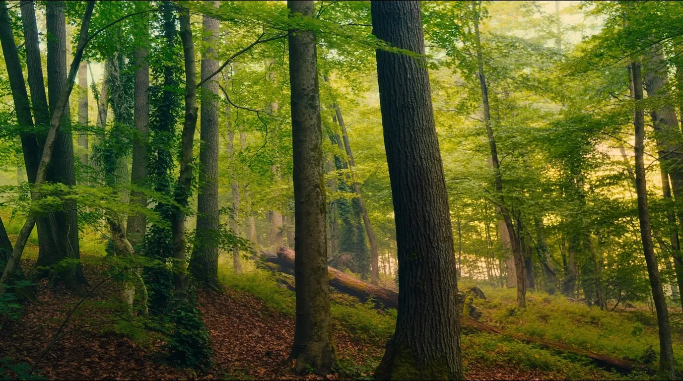 Deep old-growth northern hardwood forest with enormous sugar maple and hemlock trunks, a closed green canopy overhead and an open shaded understorey of ferns and fallen logs, Porcupine Mountains Michigan, ultrarealistic photograph representative of the region