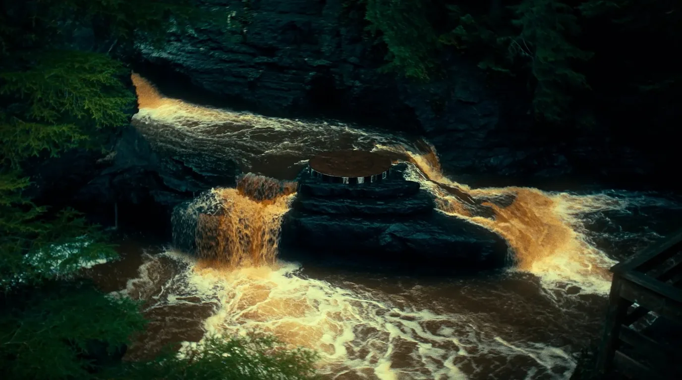 A tannin-brown river running fast over stepped dark bedrock ledges in a series of short waterfalls, surrounded by dense green hemlock and hardwood forest, Presque Isle River Michigan, ultrarealistic photograph representative of the region