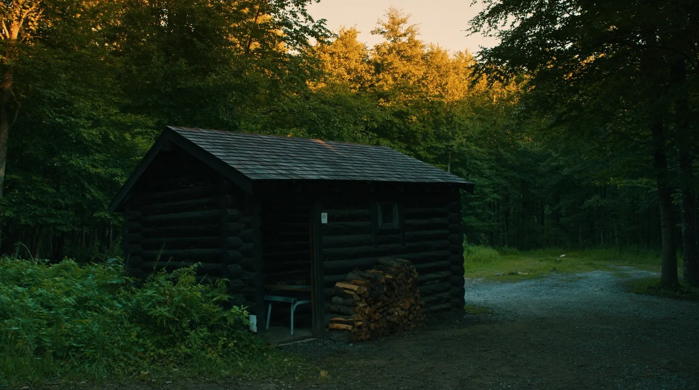 A small rustic log cabin among northern hardwood forest with a woodpile beside the door and green light through the canopy, Porcupine Mountains Michigan, ultrarealistic photograph representative of the region