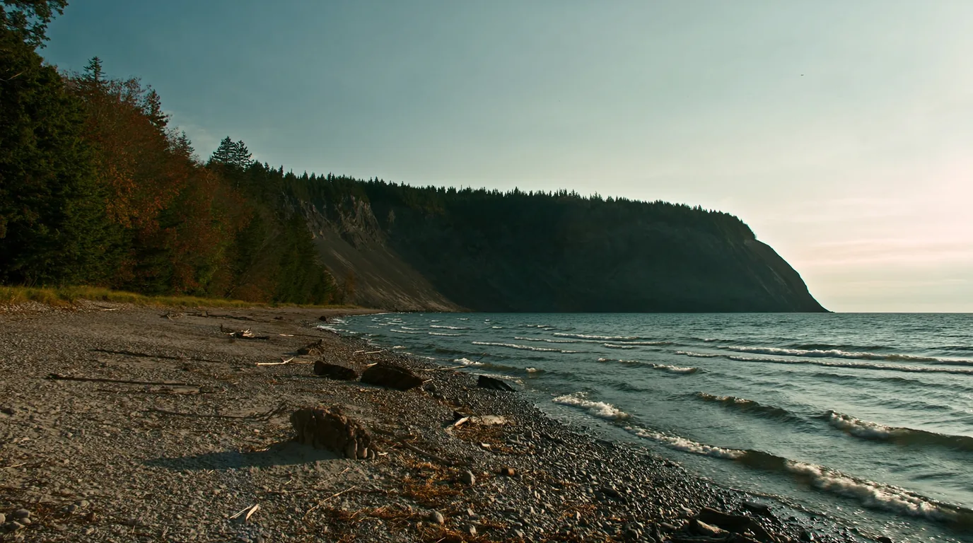 A cobble and shingle Lake Superior shoreline at Union Bay with driftwood, small waves on grey-blue water and dark forest running down to the beach, Porcupine Mountains Michigan, ultrarealistic photograph representative of the region