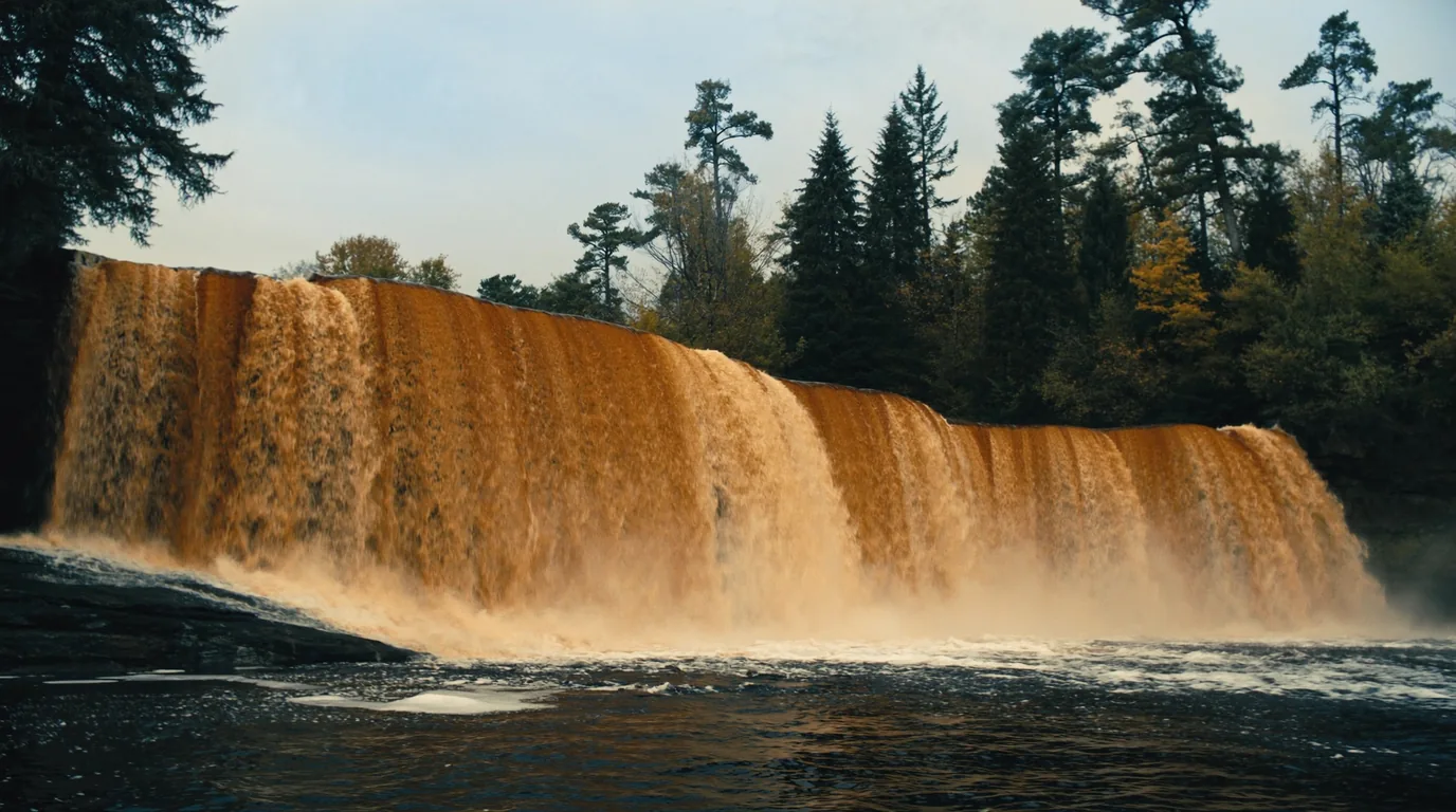 A broad tannin-dark waterfall pouring over a wide rock ledge into a plunge pool ringed with mossy boulders and dense northern forest, Michigan Upper Peninsula, ultrarealistic photograph representative of the region