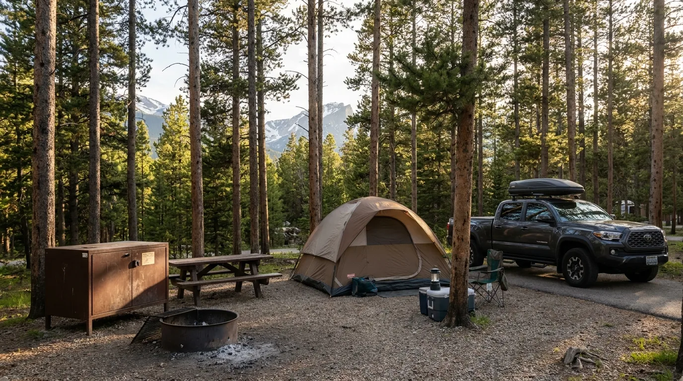 An overland rig with an awning at a quiet forested campsite among tall lodgepole pines with a picnic table and fire ring, mountains catching low golden light beyond the trees, Rocky Mountain National Park Colorado, ultrarealistic photograph representative of the region