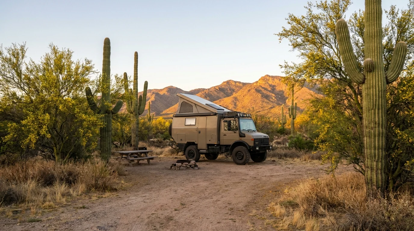 An overland camper with a rooftop tent parked at a quiet desert campsite ringed by giant saguaro and palo verde, warm golden evening light on the mountains behind, a picnic table and fire ring, Tucson Mountain Park Arizona, ultrarealistic photograph representative of the region