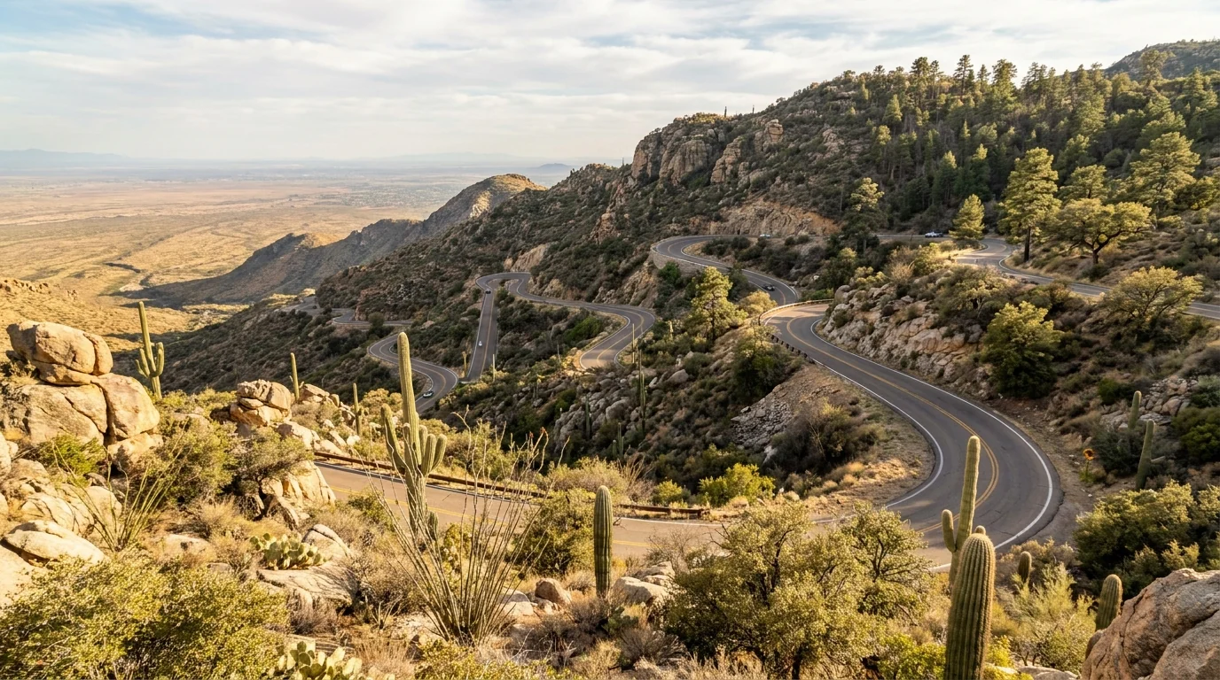 A paved mountain highway switchbacking up a rugged hillside where saguaro give way to pine, a long hazy view over the valley, Catalina Highway up Mount Lemmon near Tucson Arizona, ultrarealistic photograph representative of the region