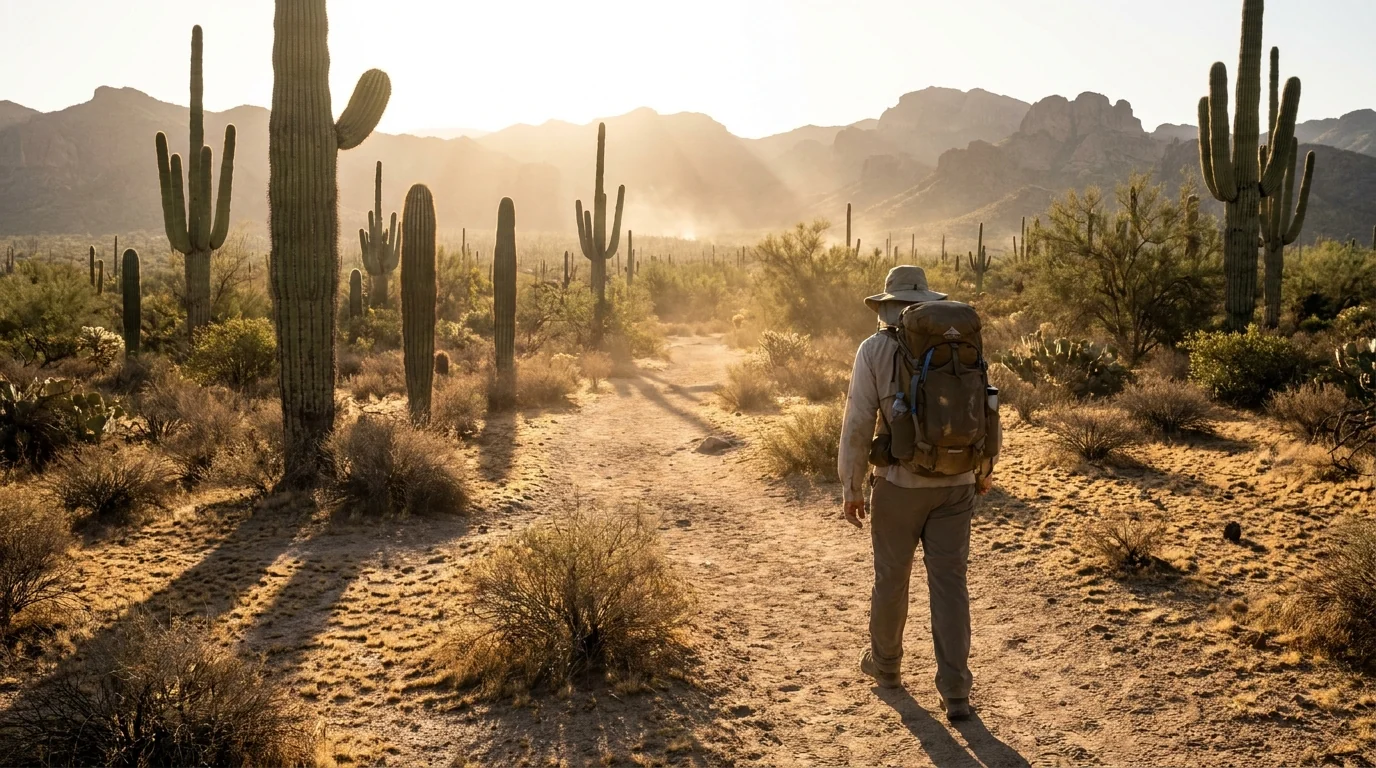 A lone hiker with a large hydration pack walking a sandy desert trail among saguaro at first light, hard low sun and long shadows, heat-hazy mountains, Sonoran Desert near Tucson Arizona, ultrarealistic photograph representative of the region