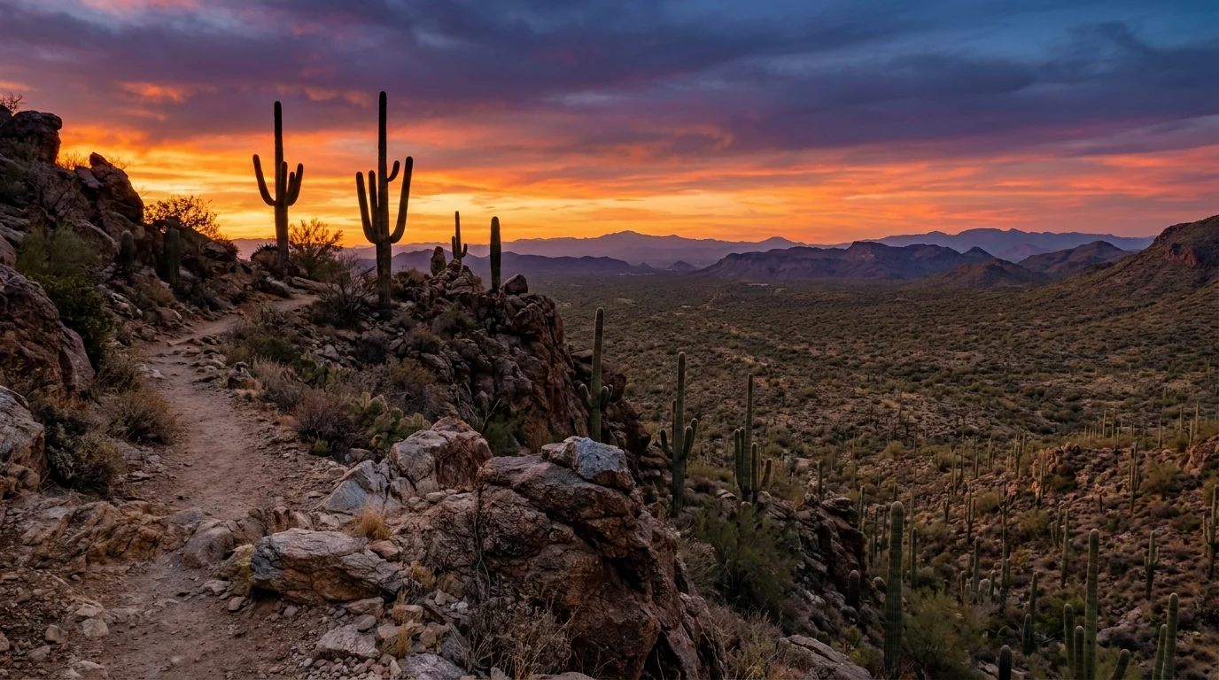 A rocky desert mountain saddle overlooking an endless sea of saguaro cactus and distant ranges, silhouetted cacti against a fiery sunset, Gates Pass Tucson Mountains Arizona, ultrarealistic photograph representative of the region