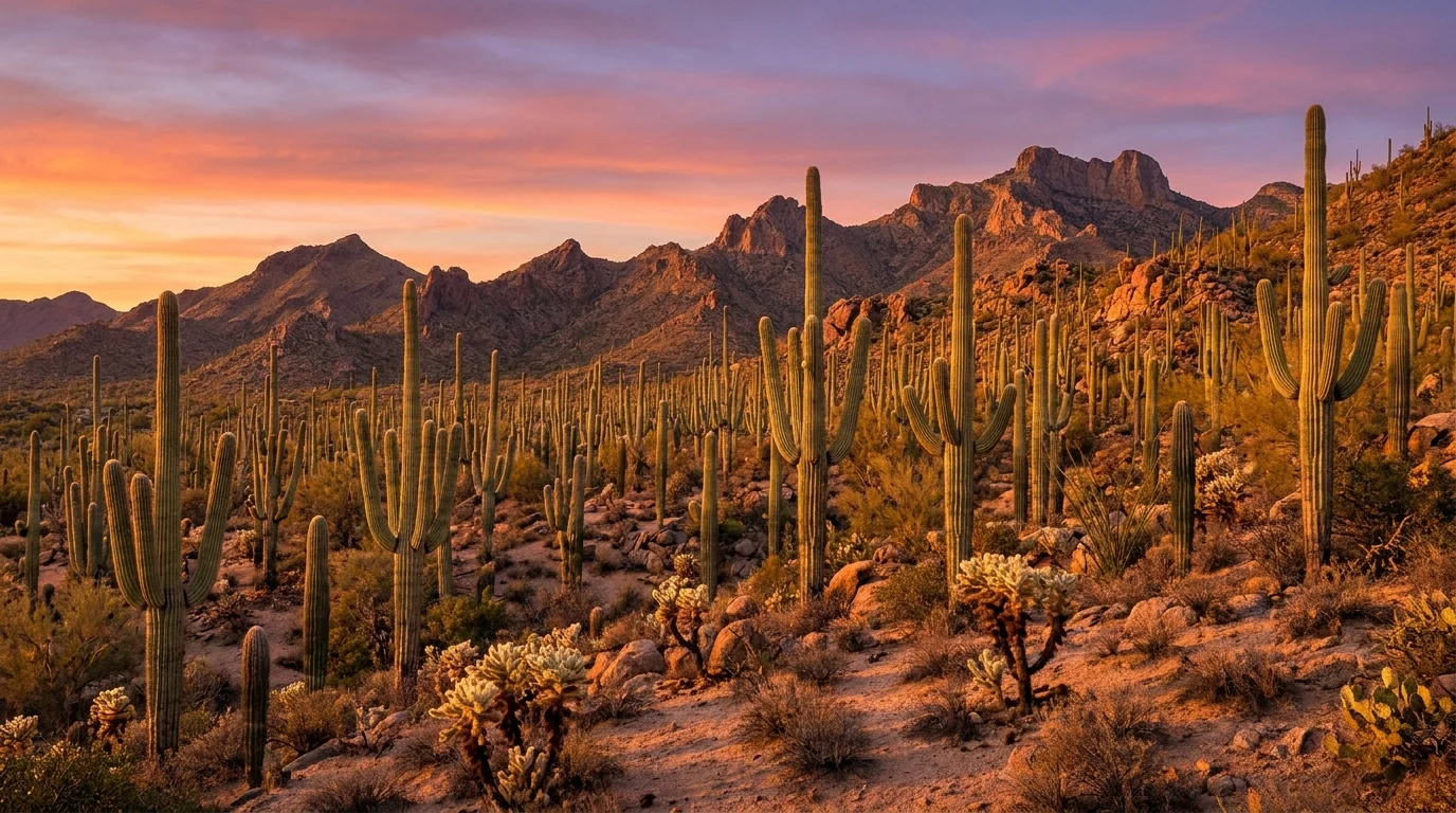 A vast forest of towering saguaro cacti on a rocky desert bajada glowing orange at sunset with jagged mountains behind, Sonoran Desert near Tucson Arizona, ultrarealistic photograph representative of the region