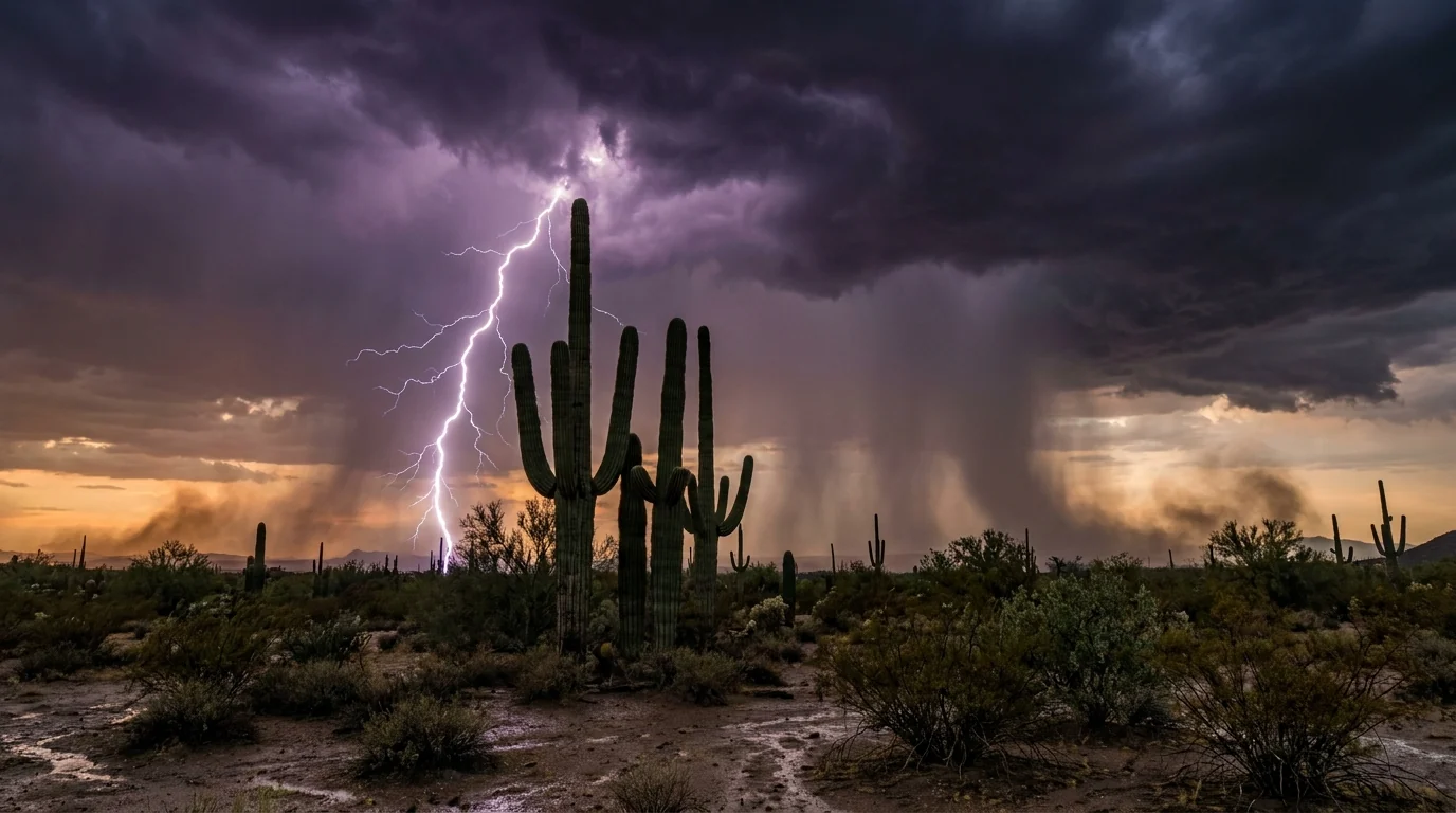 A dramatic summer monsoon thunderstorm over the desert with a bolt of lightning striking behind a stand of tall saguaro cactus, dark storm clouds and rain curtains, Sonoran Desert Arizona, ultrarealistic photograph representative of the region