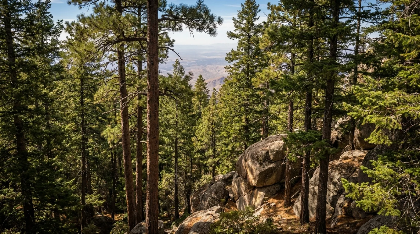 A cool ponderosa pine and mixed-conifer forest on a high mountaintop with granite outcrops and a distant hazy view of desert far below, Mount Lemmon summit Santa Catalina Mountains Arizona, ultrarealistic photograph representative of the region