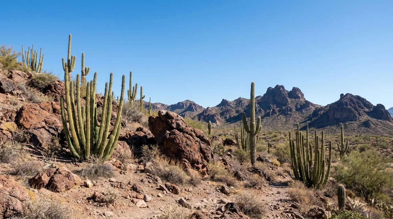 Clusters of tall multi-stemmed organ pipe cactus and saguaro on a rocky desert slope beneath jagged volcanic mountains, remote empty landscape under a big clear sky, Organ Pipe Cactus National Monument Arizona, ultrarealistic photograph representative of the region