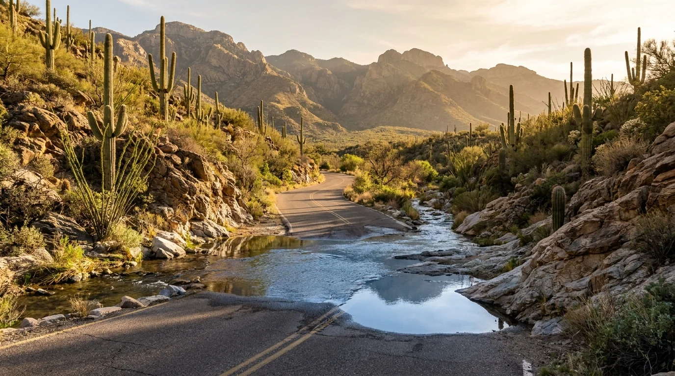 A desert canyon with a clear creek and small pools crossing a paved road, saguaro-studded rocky slopes rising on both sides under the Santa Catalina Mountains, Sabino Canyon Tucson Arizona, ultrarealistic photograph representative of the region