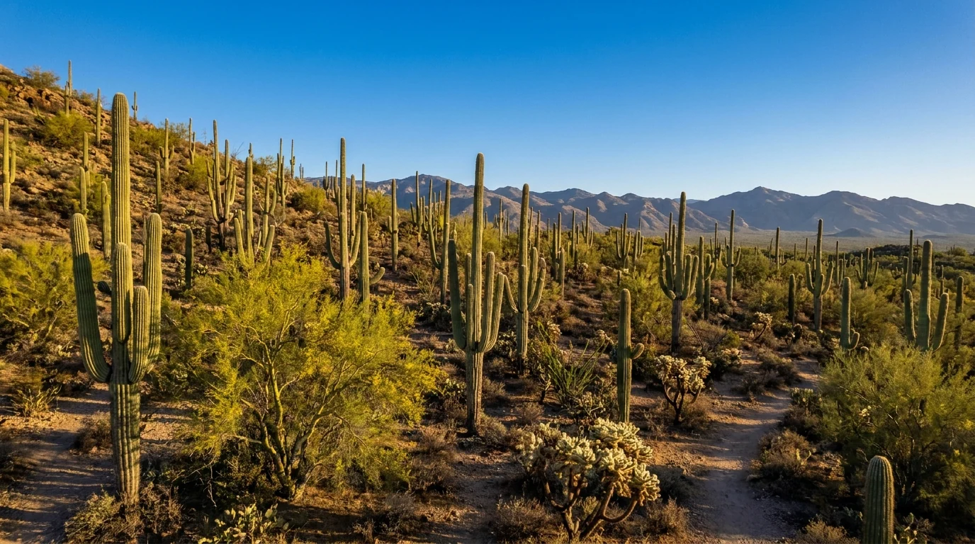 A dense stand of giant multi-armed saguaro cacti covering a desert hillside under the Tucson Mountains, warm morning light and clear sky, Saguaro National Park Tucson Mountain District Arizona, ultrarealistic photograph representative of the region