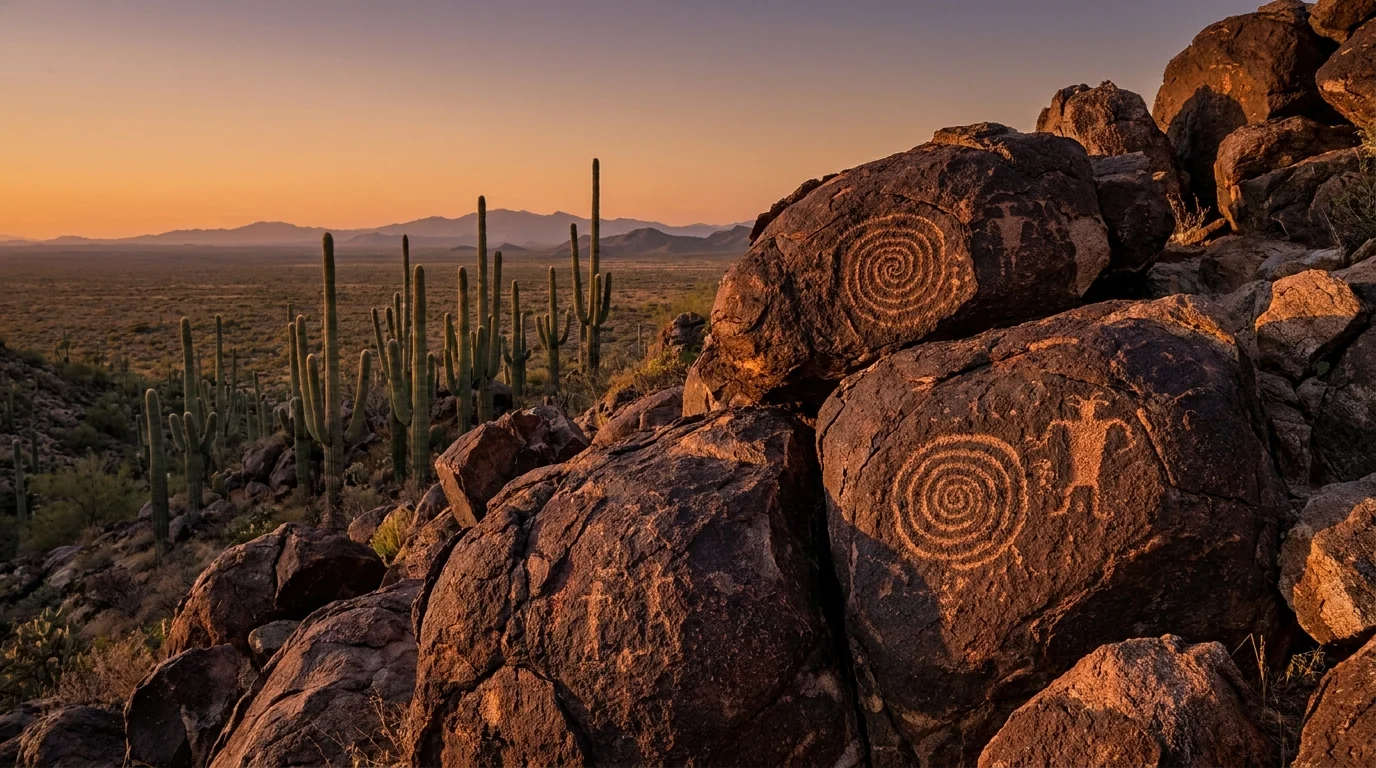 Ancient spiral and figure petroglyphs pecked into dark desert-varnished boulders on a small hill, saguaro and desert plain behind under warm low light, Signal Hill Saguaro National Park Arizona, ultrarealistic photograph representative of the region