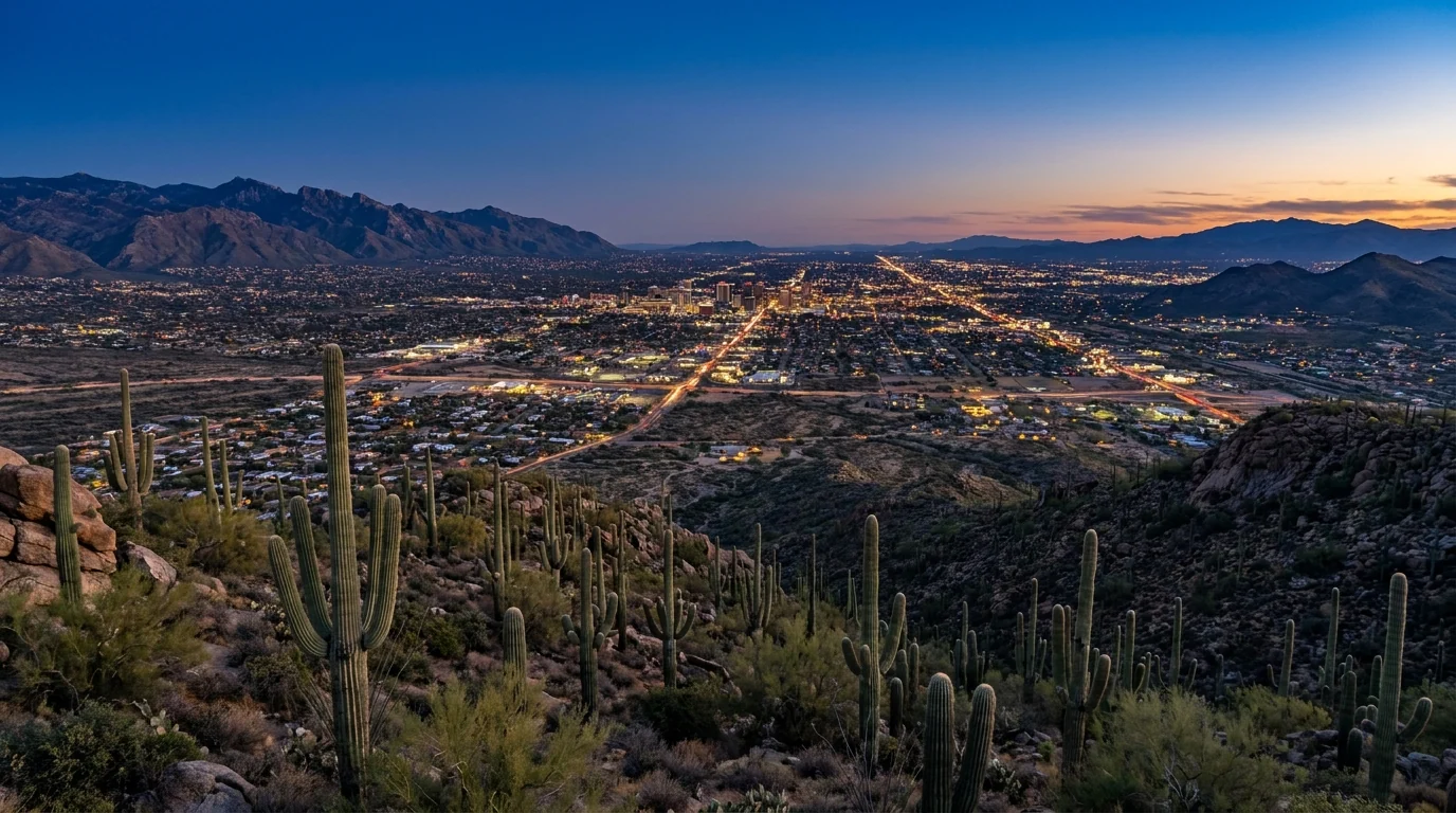 A low desert city spread across a wide valley at dusk with mountain ranges on every horizon, saguaro-covered foothills in the foreground and city lights beginning to glow, Tucson Arizona, ultrarealistic photograph representative of the region