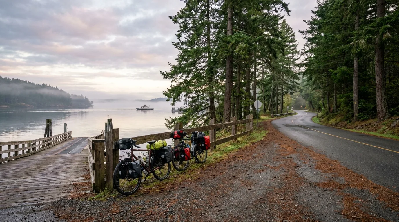 Cyclists with loaded panniers rolling off a ferry ramp onto a quiet island road lined with firs, morning light, San Juan Islands, illustrative render in the series style
