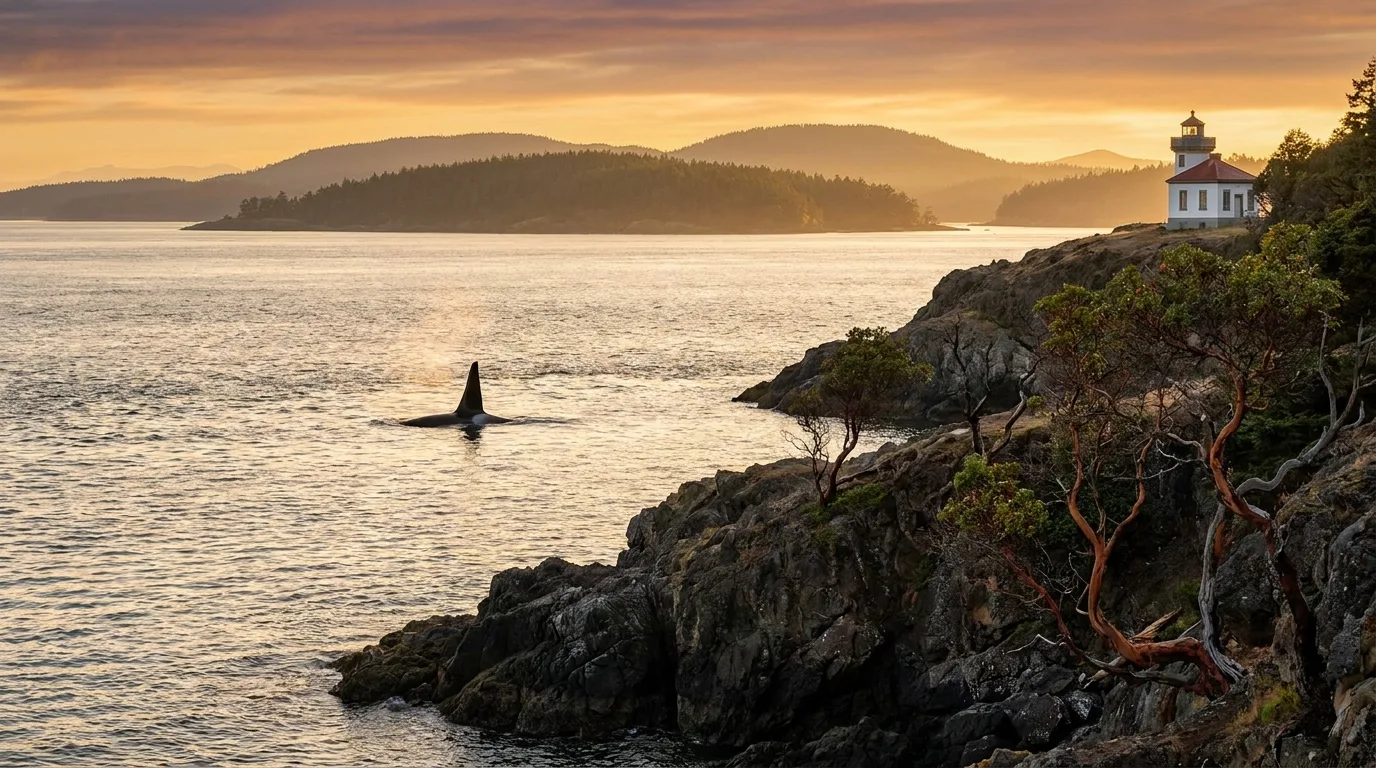 Forested islands scattered across a calm blue-grey sea under soft Pacific Northwest light, a small ferry crossing between them, the San Juan Islands, illustrative render in the series style