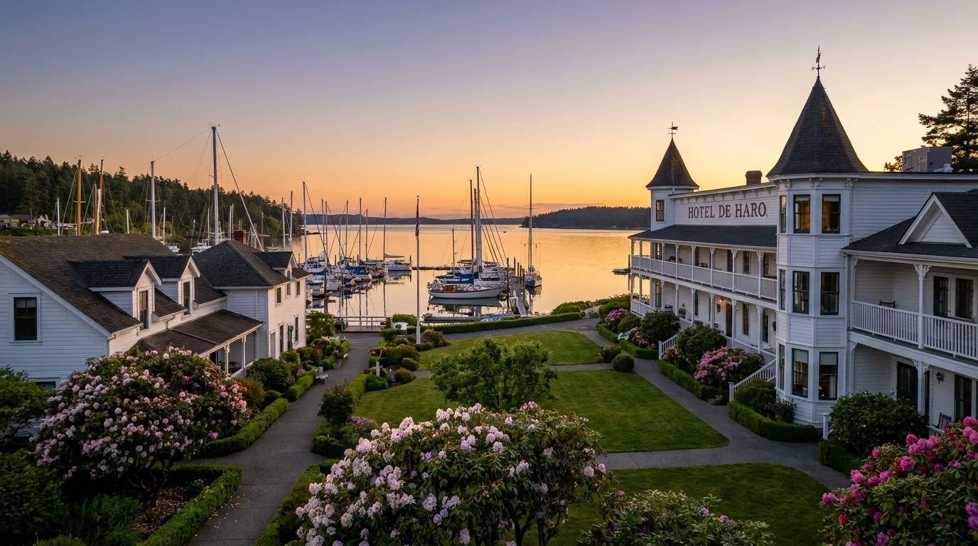A restored white Victorian harbourfront hotel above a marina of masts and gardens in warm evening light, Roche Harbor, illustrative render in the series style